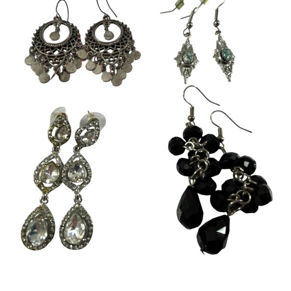 Mixed Lot 11 Earrings Dangle Hoops Beaded Rhinestones Silver Tone - Picture 14 of 16